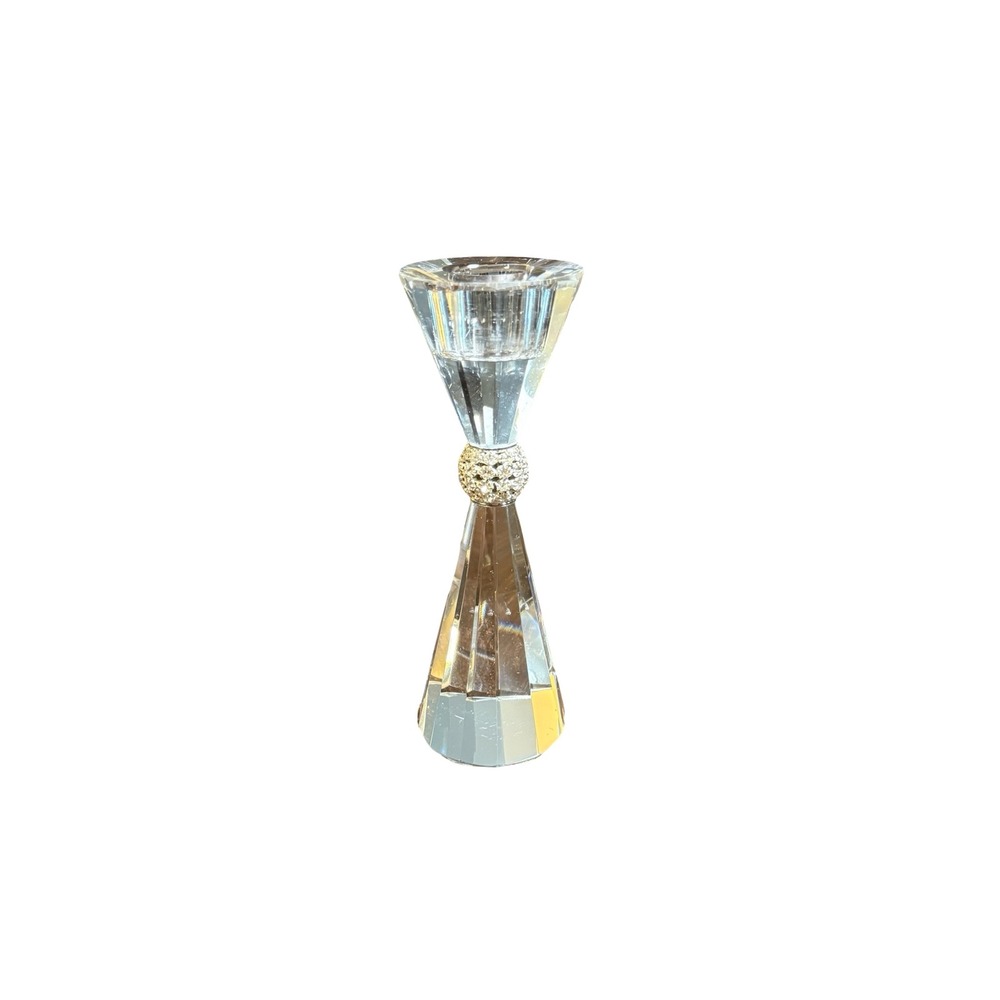 Crystal Taper Candle Holder Rhinestone Band Faceted Hourglass Glass Decor 6.25in